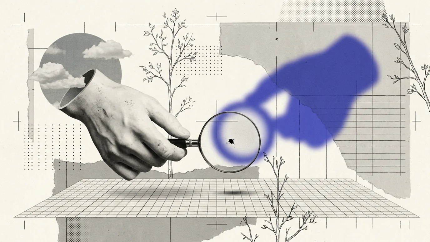A plaster hand holding a magnifying glass over a tiny speck, while the lens throws a huge blurred blue-violet shadow onto the wall behind