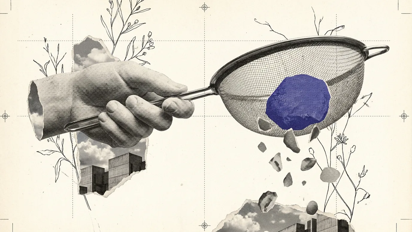 A plaster hand holding a wire sieve, with small gray pebbles falling through and one large blue-violet stone caught on top