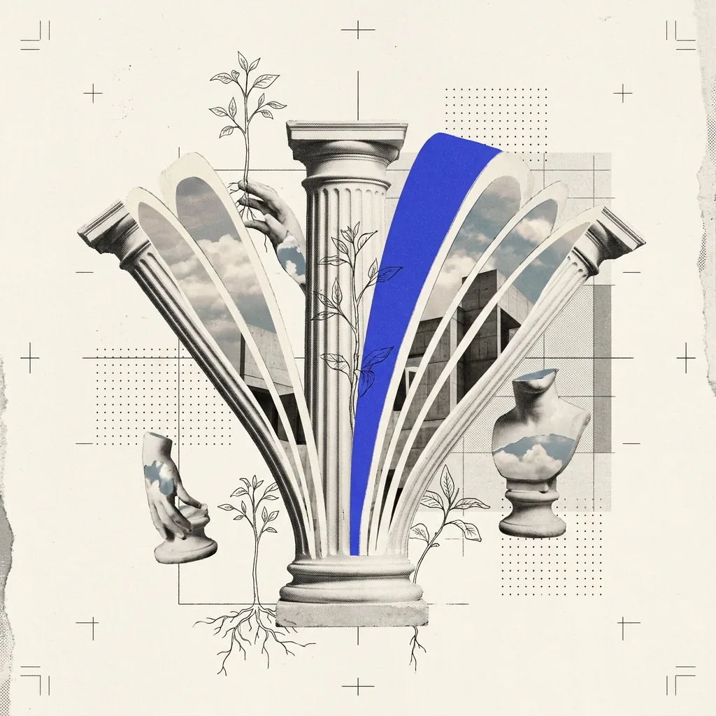 A single hollow plaster column split lengthwise into many thin identical slices that fan apart, each slice too narrow to stand, set on a faint dotted grid with one brand-blue slice among the bone-white ones