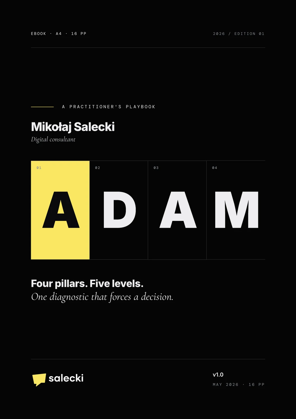 Cover of the ADAM Framework Playbook, black with the letters A D A M in a grid, the first A in yellow