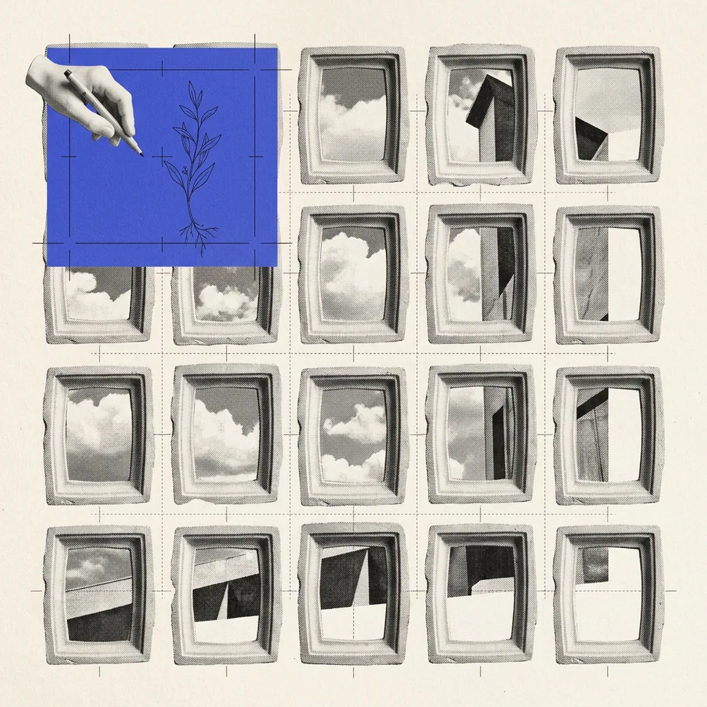 A plaster hand pressing a marker onto one cell of a four-by-five grid of plaster tiles, the lowest marked tile in each row filled with brand-blue, thin coordinate rules around the grid