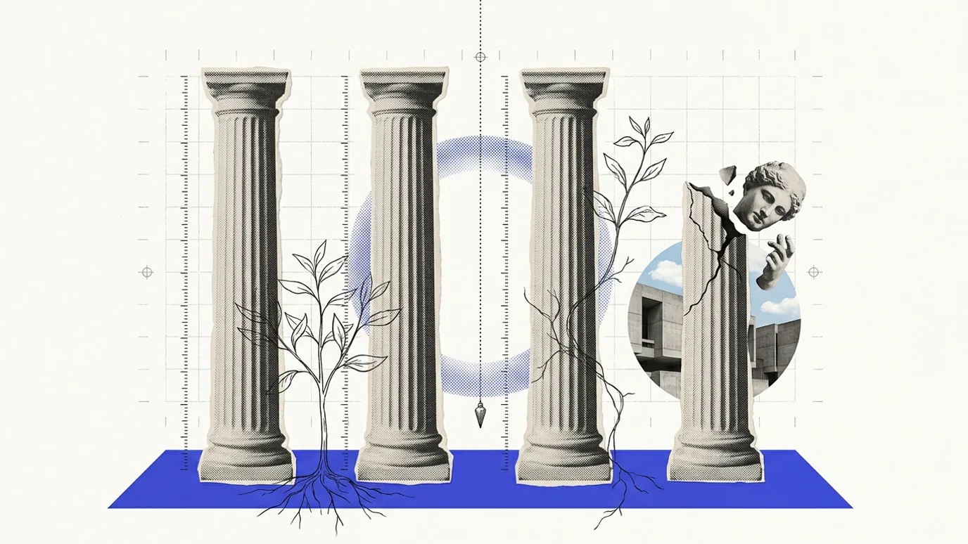 Four upright plaster pillars of unequal height on a brand-blue base, three tall and intact and one shorter and cracked, hairline rules marking each pillar's height