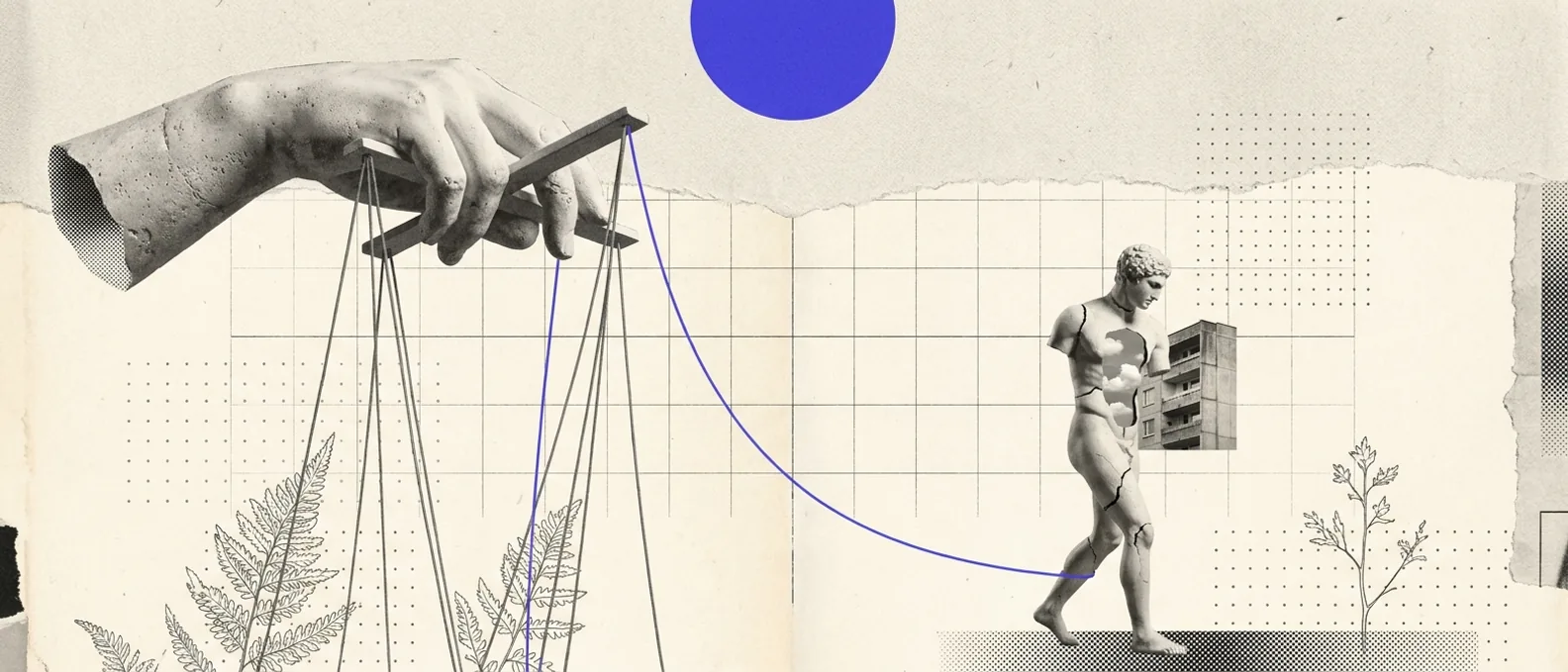 A plaster hand releasing a marionette's control bar, the strings still attached to a figure that keeps moving on its own, a single brand-blue string glowing among gray ones