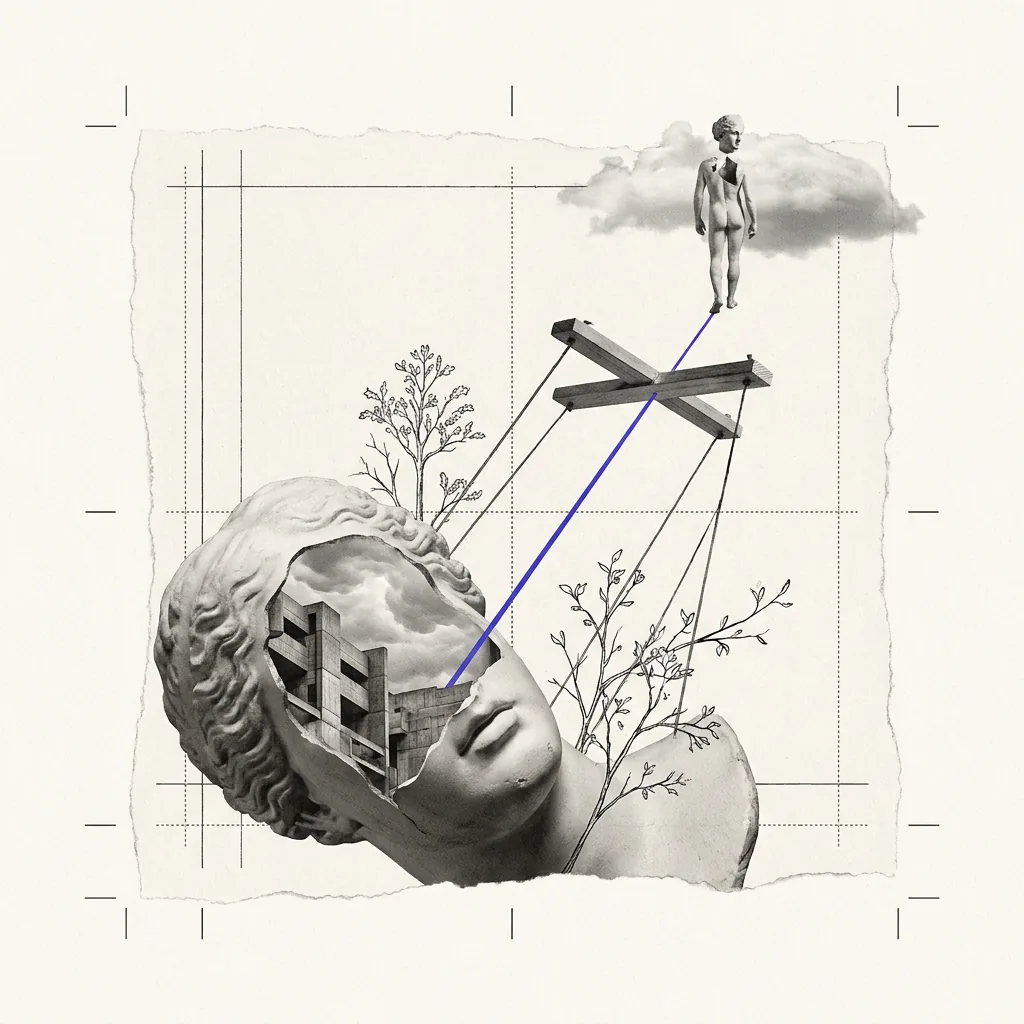 A plaster hand releasing a marionette's control bar, the strings still attached to a figure that keeps moving on its own, a single brand-blue string glowing among gray ones