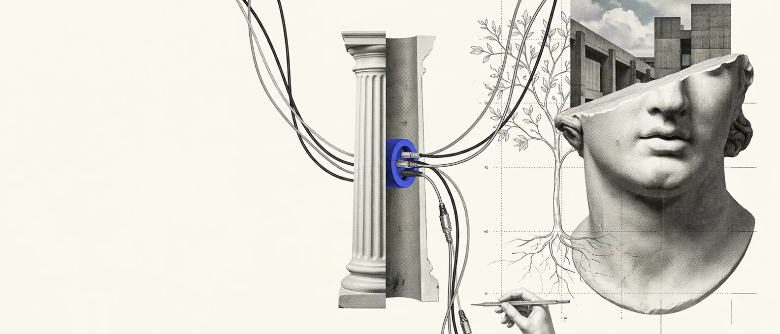 A classical plaster column with a blue socket set into its side and several cables plugged into it, beside a sliced plaster head filled with sky and buildings