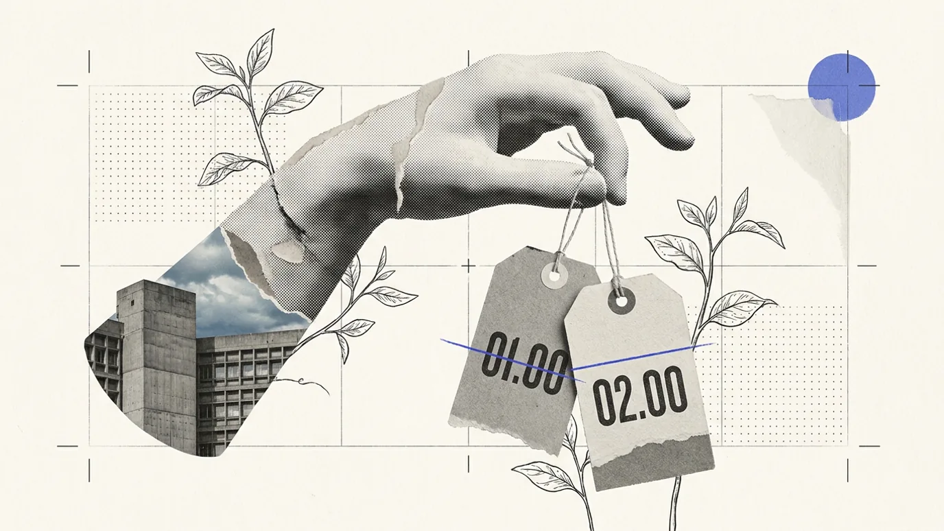 Two printed price tags hanging from a plaster hand at slightly different heights, showing different figures for the same object, with a blue hairline drawn between them to mark the discrepancy