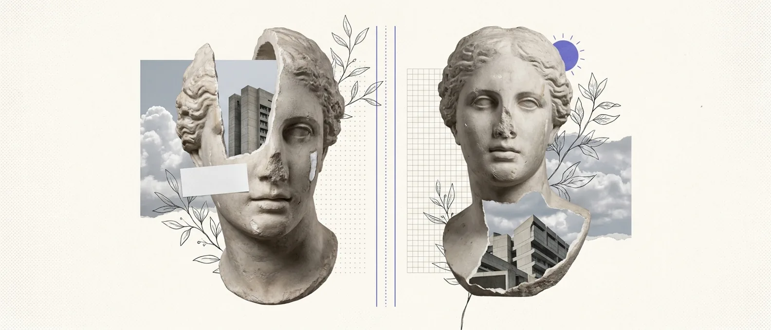A plaster classical bust with a small printed sticker reading a blank label on its cheek, a second identical bust beside it with no sticker, thin brand-blue registration rules and a faint dotted grid between them