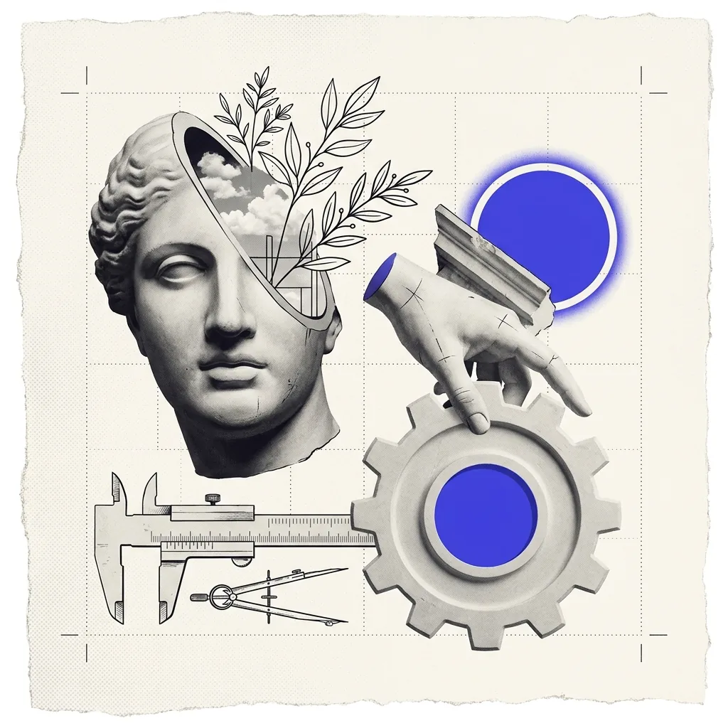 A plaster marketing org chart where the connecting lines are being rewired by a large mechanical hand into a new shape, boxes lifting off their old positions, thin brand-blue measurement rules running between them