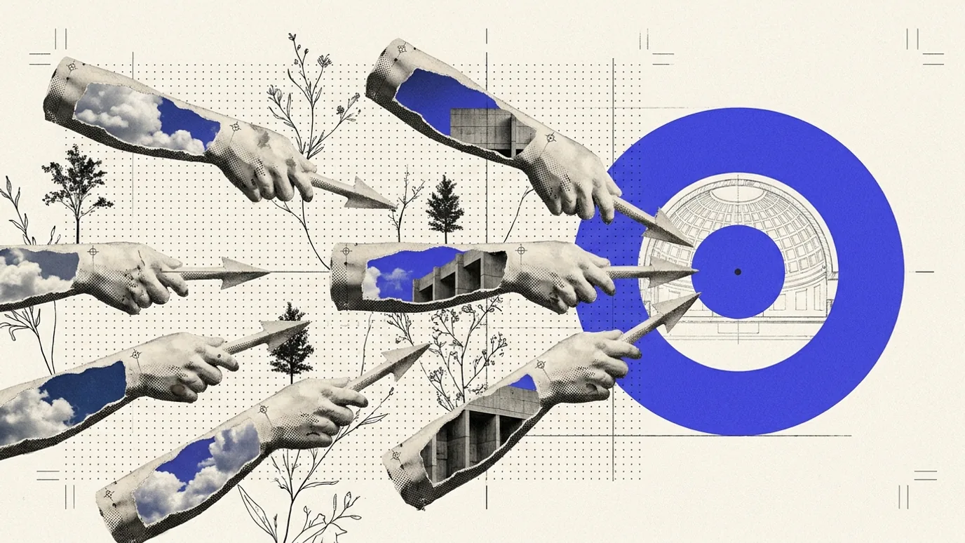 A row of identical plaster arrows all pointing precisely at the same spot well to one side of a brand-blue target disk, over a fine dotted matrix