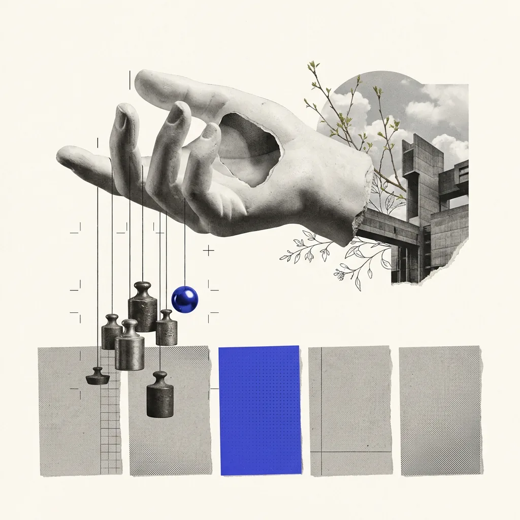 A classical plaster hand holding a set of calibration weights above a row of identical white cards, one card marked with a solid brand-blue square, fine registration rules and a dotted matrix running behind the arrangement