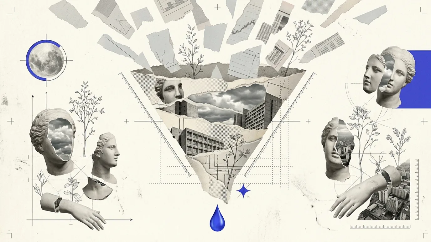 A paper funnel narrows to a single glowing blue droplet while a wide scatter of gray paper fragments drifts away uncaught, thin measurement rules along its edge