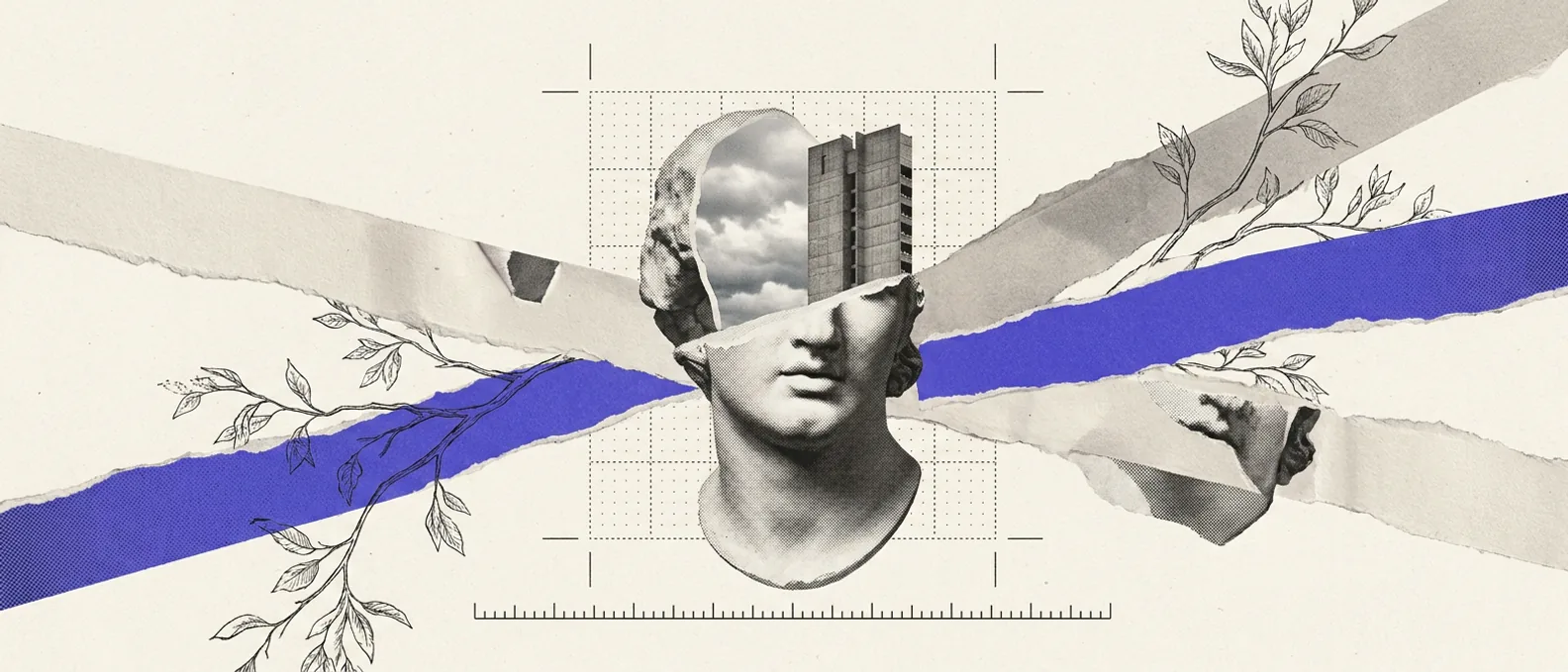 Several thin ribbons converging on a hollowed plaster head, most of them bone-white and unlabeled while one is solid brand blue, with a dotted measurement matrix behind and a fine registration rule beneath them