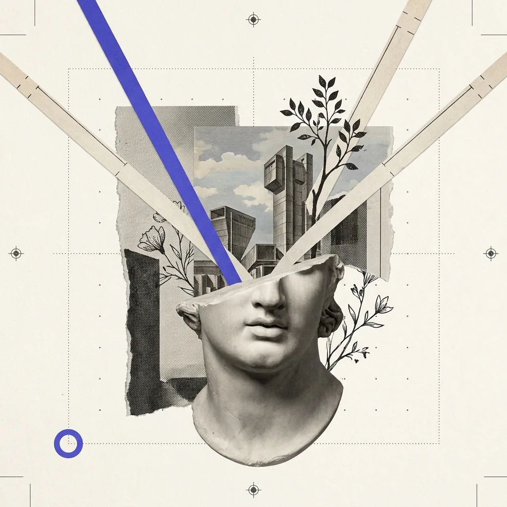 Several thin ribbons converging on a hollowed plaster head, most of them bone-white and unlabeled while one is solid brand blue, with a dotted measurement matrix behind and a fine registration rule beneath them