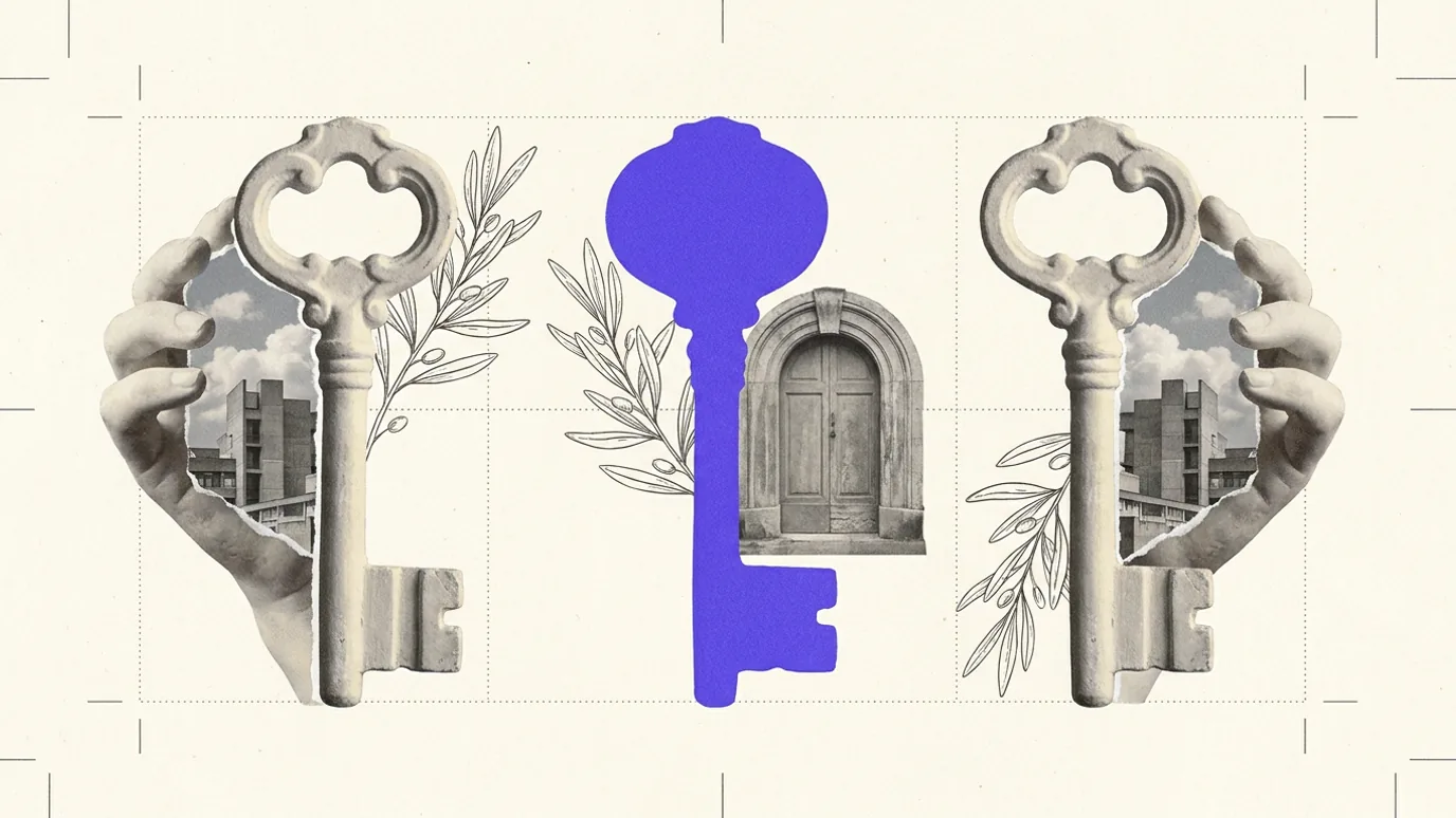 Three near-identical plaster keys lying in a row on a dotted grid, each cut to a slightly different profile, the middle one rendered in solid brand blue beside a single closed stone door