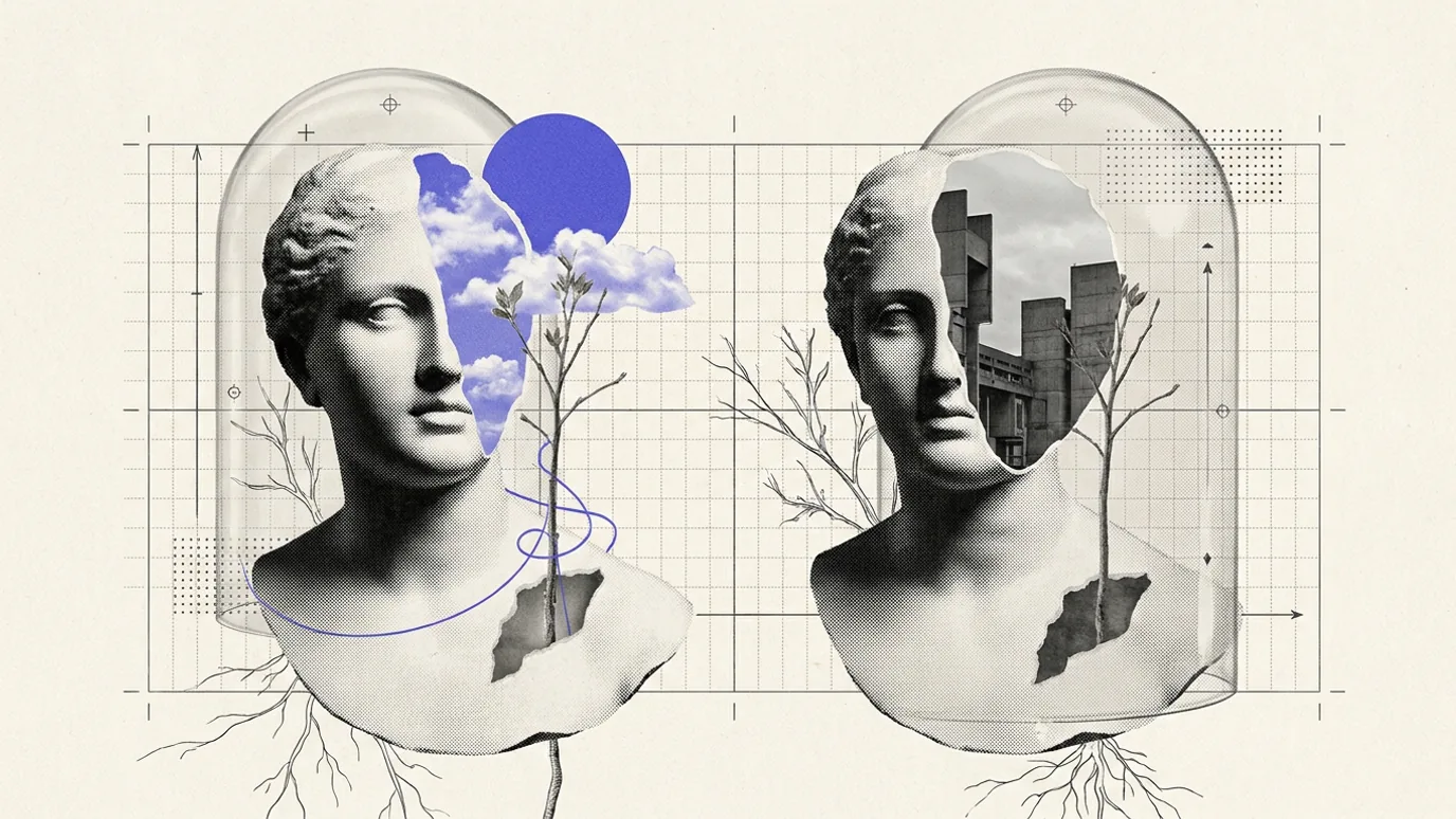 Two plaster busts under glass domes against a ruled grid, each with a young seedling, one seedling tied with a thin blue-violet thread