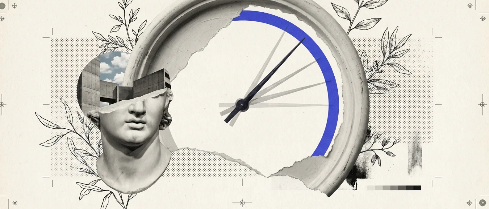 A plaster head beside a large plaster dial with one dark needle, ghost positions of the same needle fanning out from it, and a blue-violet band marking the width of the fan