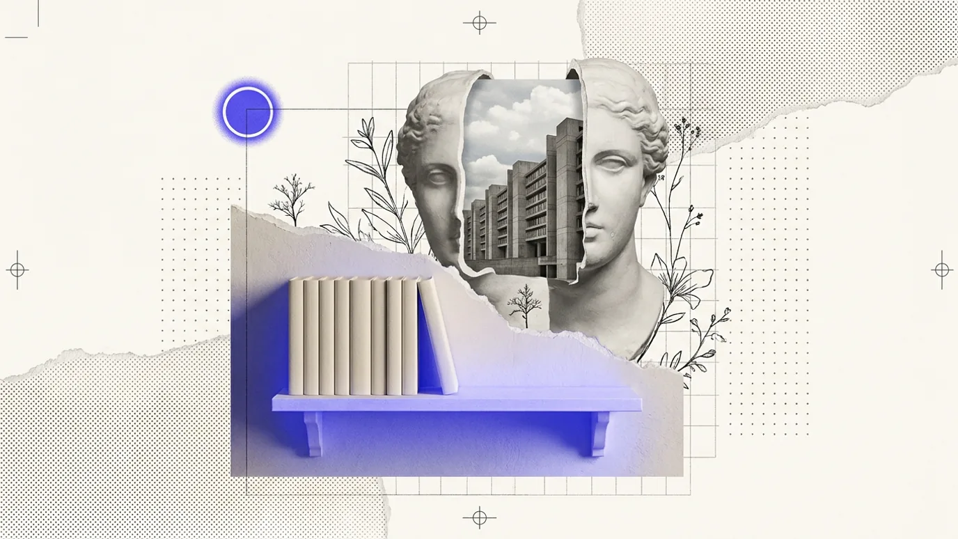 A small shelf of blank books lit blue-violet in front of a split plaster head, with a few fine drawn branches around it