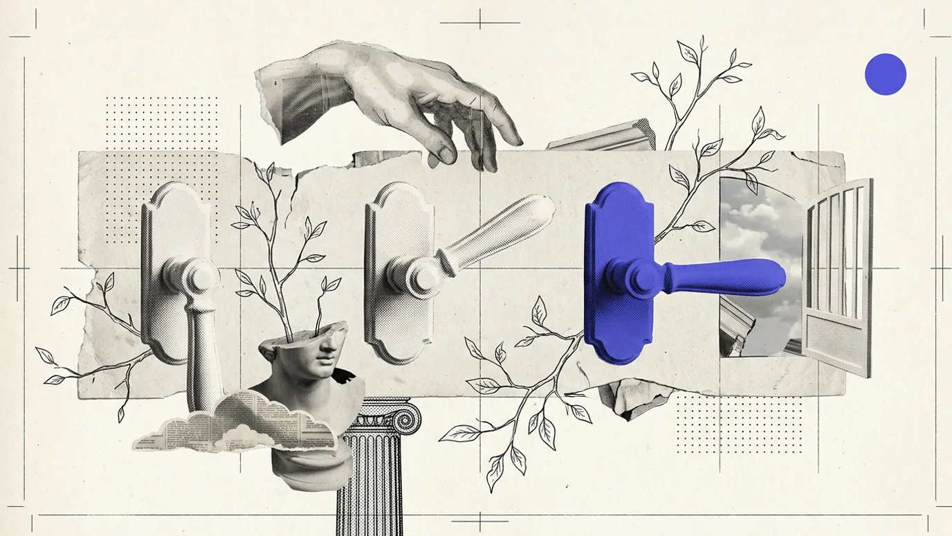 Three door levers in a row on a panel. The third is blue-violet and points toward a small open gate, and a plaster hand hovers above the first.