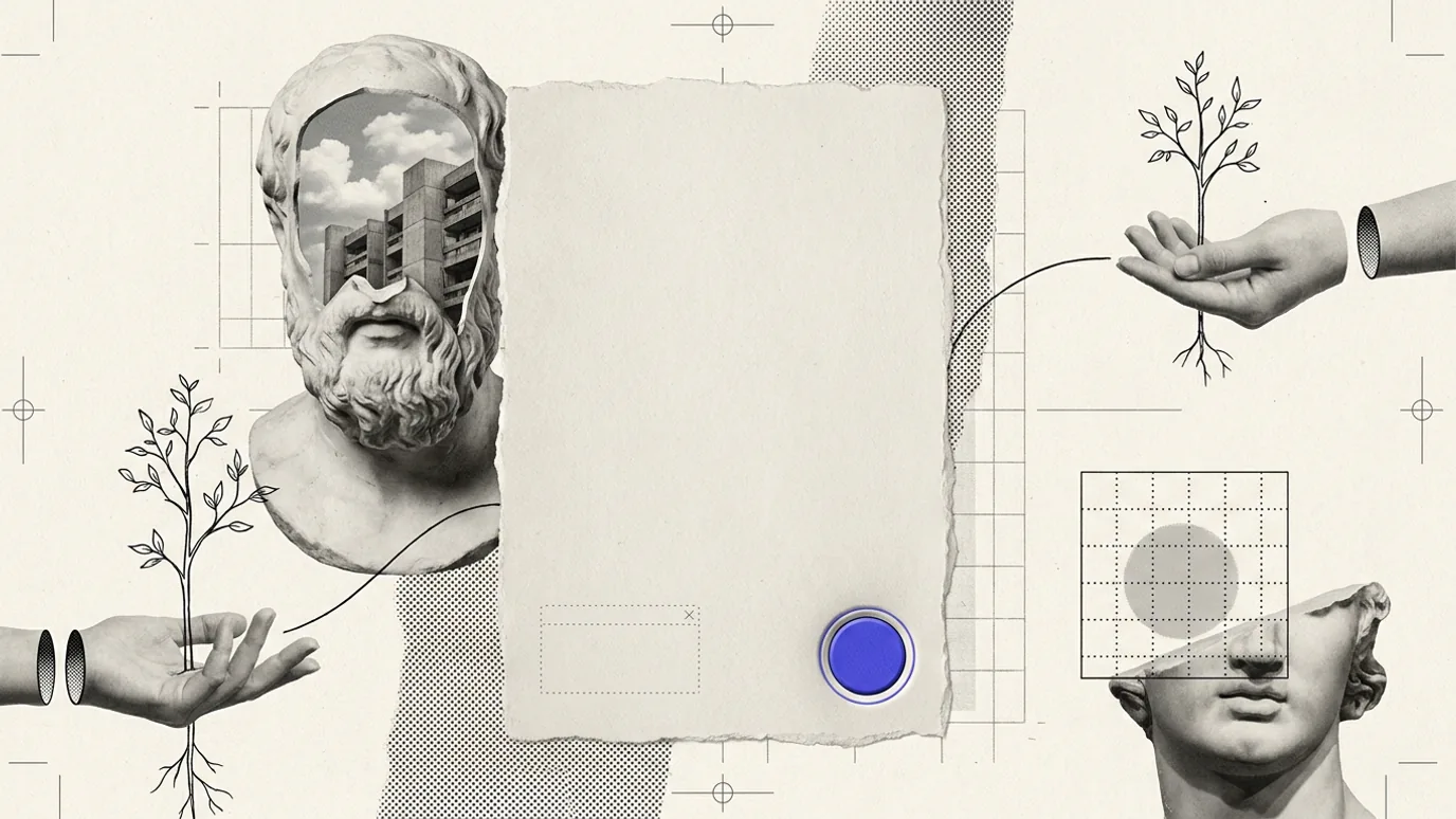 A tall blank plaster tablet with a small blue button near its lower edge, a much smaller box drawn in grid lines beside it, and a bearded plaster head at the left