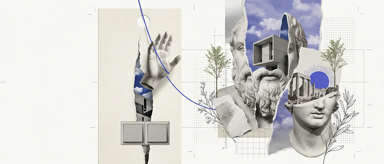 A tall white panel with two blank square buttons, a plaster hand with a raised palm lifted out of it on a thin blue thread, beside collaged classical heads