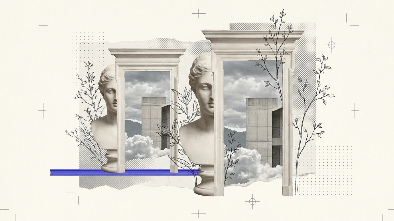 Two plaster doorframes standing side by side on a thin blue rail, a classical bust in each opening and clouds behind them