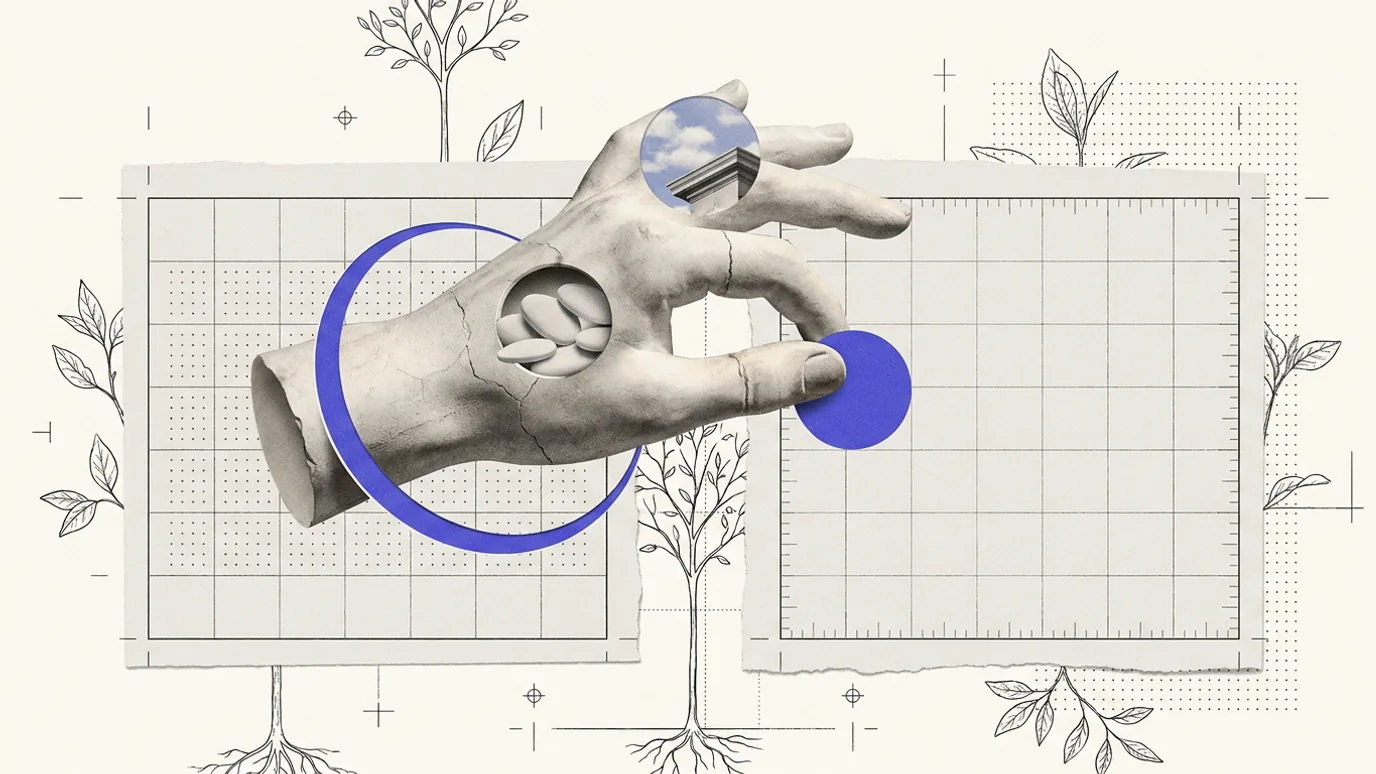 A plaster hand lifting a blue-violet disc from one blank paper grid toward a neighboring blank grid