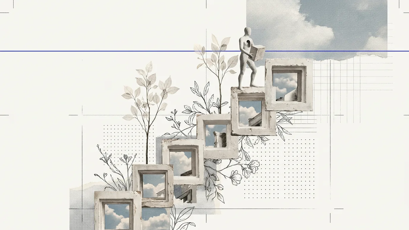 A staircase of plaster blocks rising toward a thin horizontal blue-violet line, with a small plaster figure at the top carrying one more block