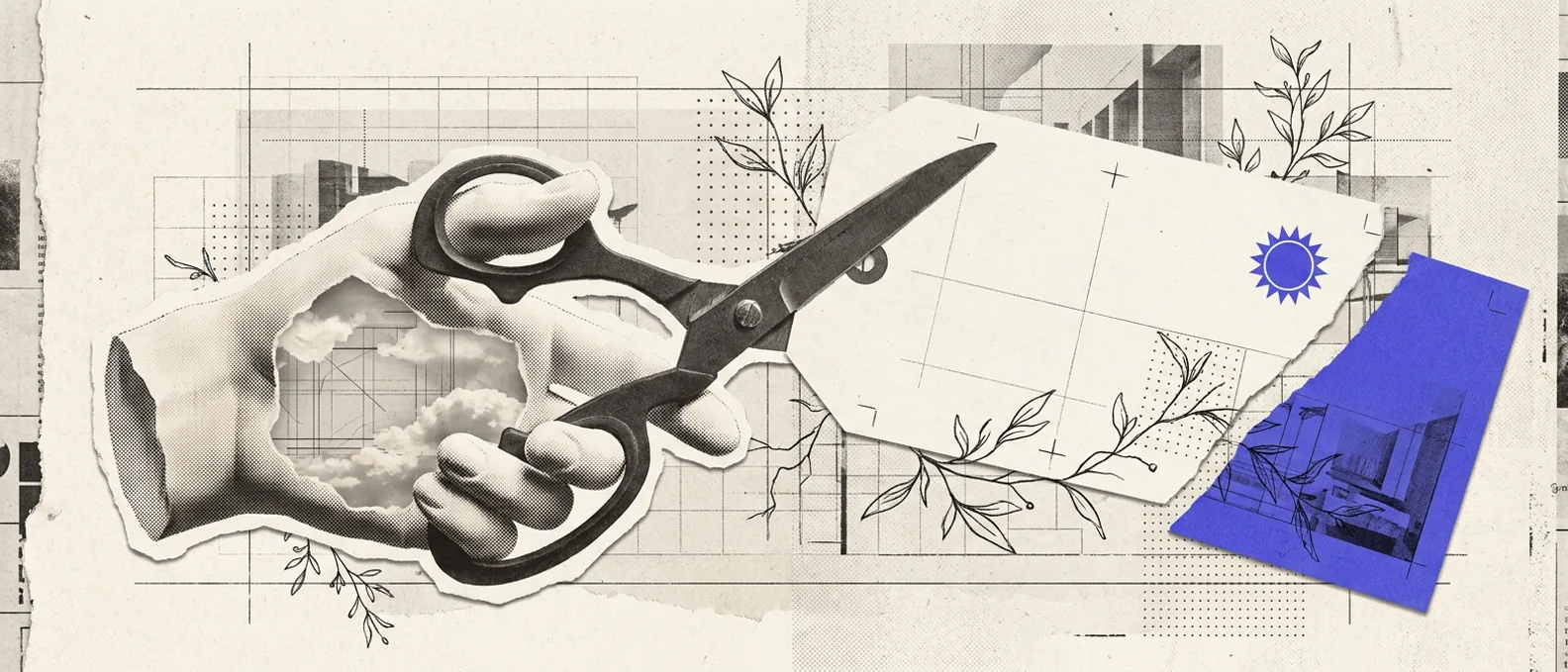 A plaster hand holding open scissors, cutting a large blank paper price tag in two, with the cut-off corner falling away in blue-violet