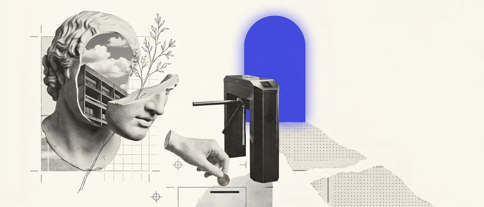 A plaster hand holding a coin at a black turnstile in front of a glowing blue-violet doorway, with a plaster head at the left