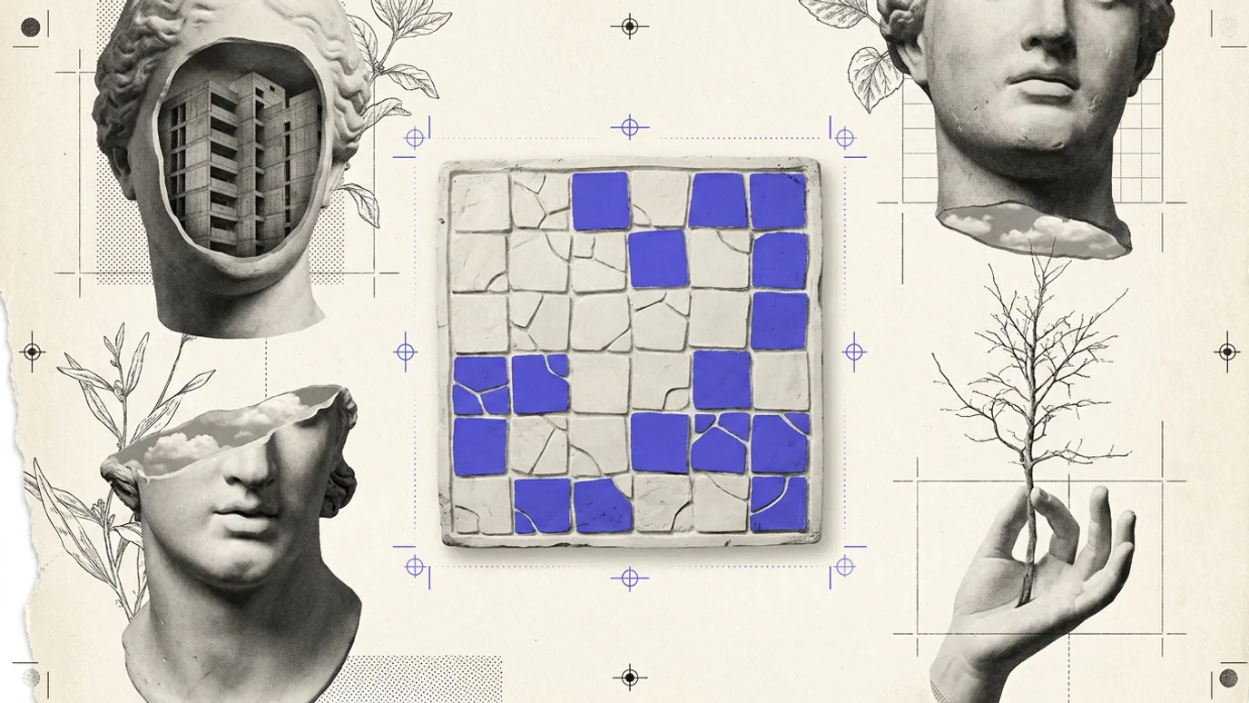A square plaster tablet of irregular tiles, about half flat blue-violet and half bone white in no pattern, among plaster heads and a hand holding a bare twig