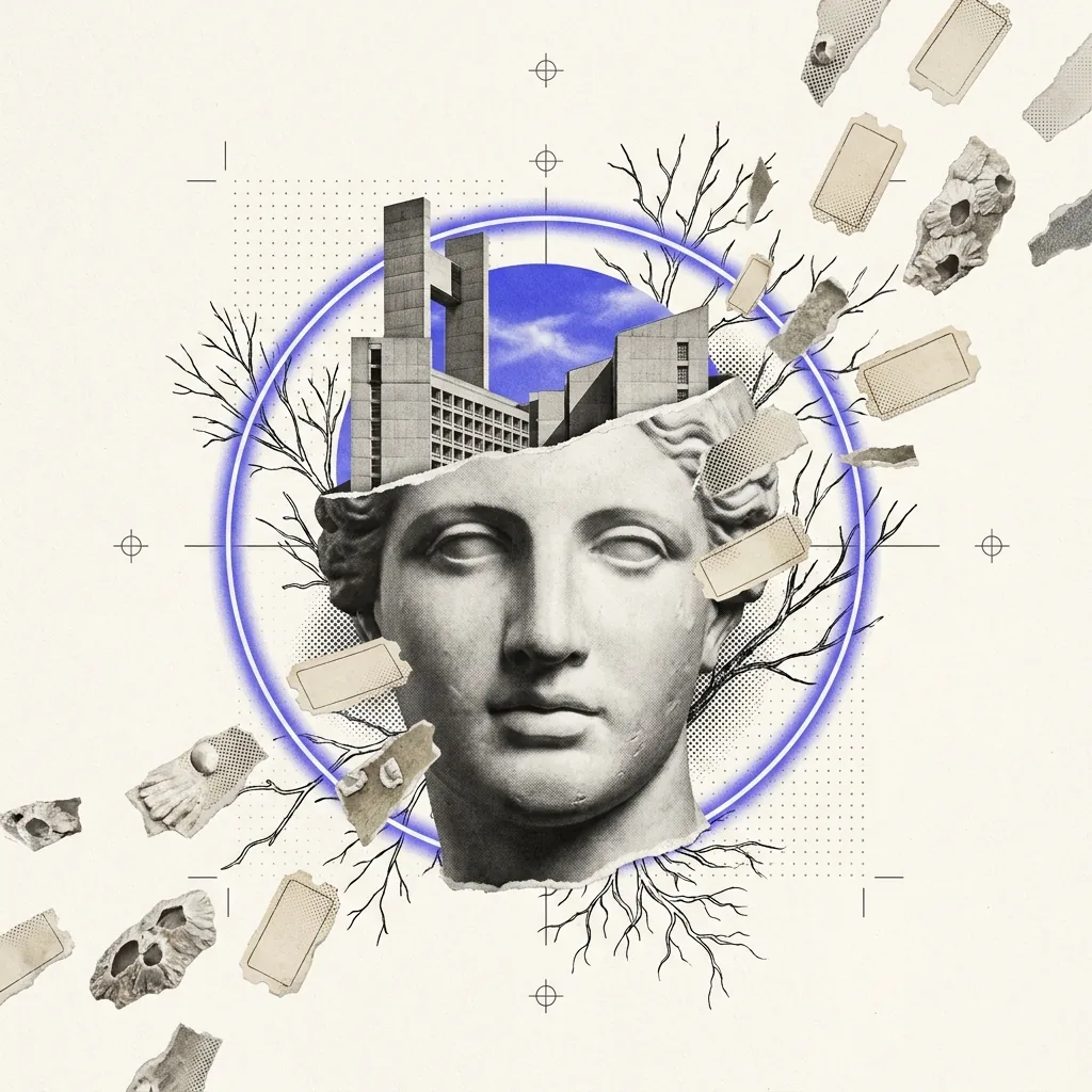 A cropped classical plaster head, calm and intact, its crown sliced open to reveal brutalist architecture and a sliver of blue sky, haloed by a single blue ring while torn paper coupon-tags and barnacle-like scraps break away and scatter across a measured bone-white field