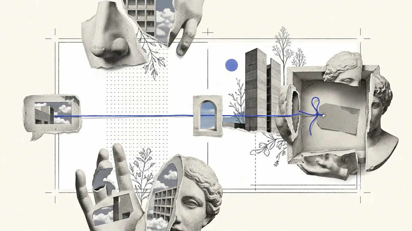 A thin blue line running from a small plaster speech bubble through a tiny doorway into an open box holding a blank tag, framed by fragments of classical faces and a hand
