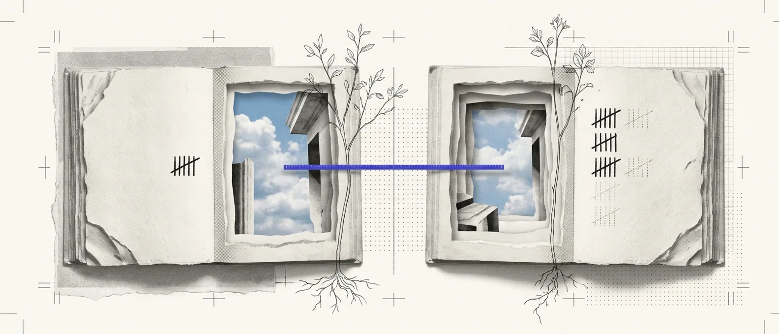 Two open books side by side, each page cut open onto sky, a few tally marks on the left and more on the right, joined by a thin blue line