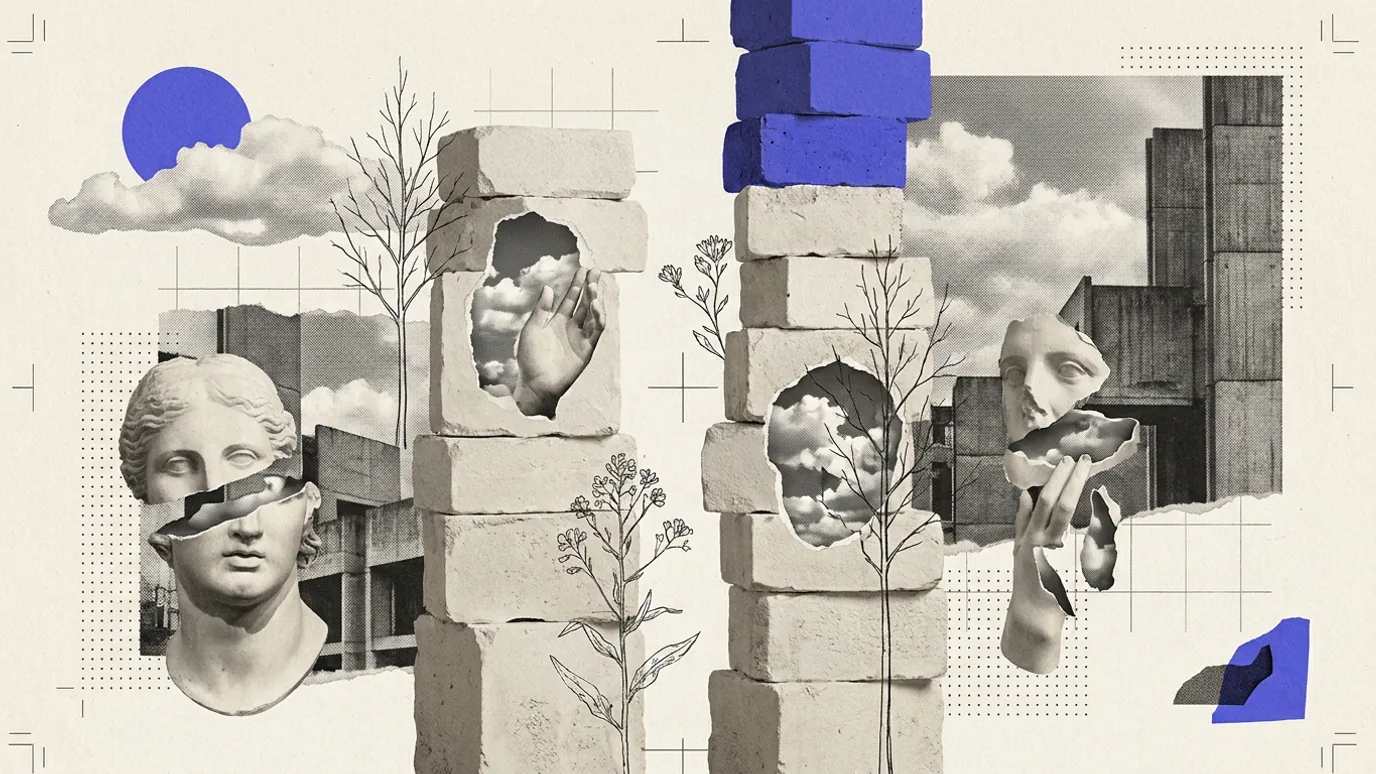 Two columns of stacked plaster blocks with faces set into the stones, the right column taller and topped with pale blue blocks