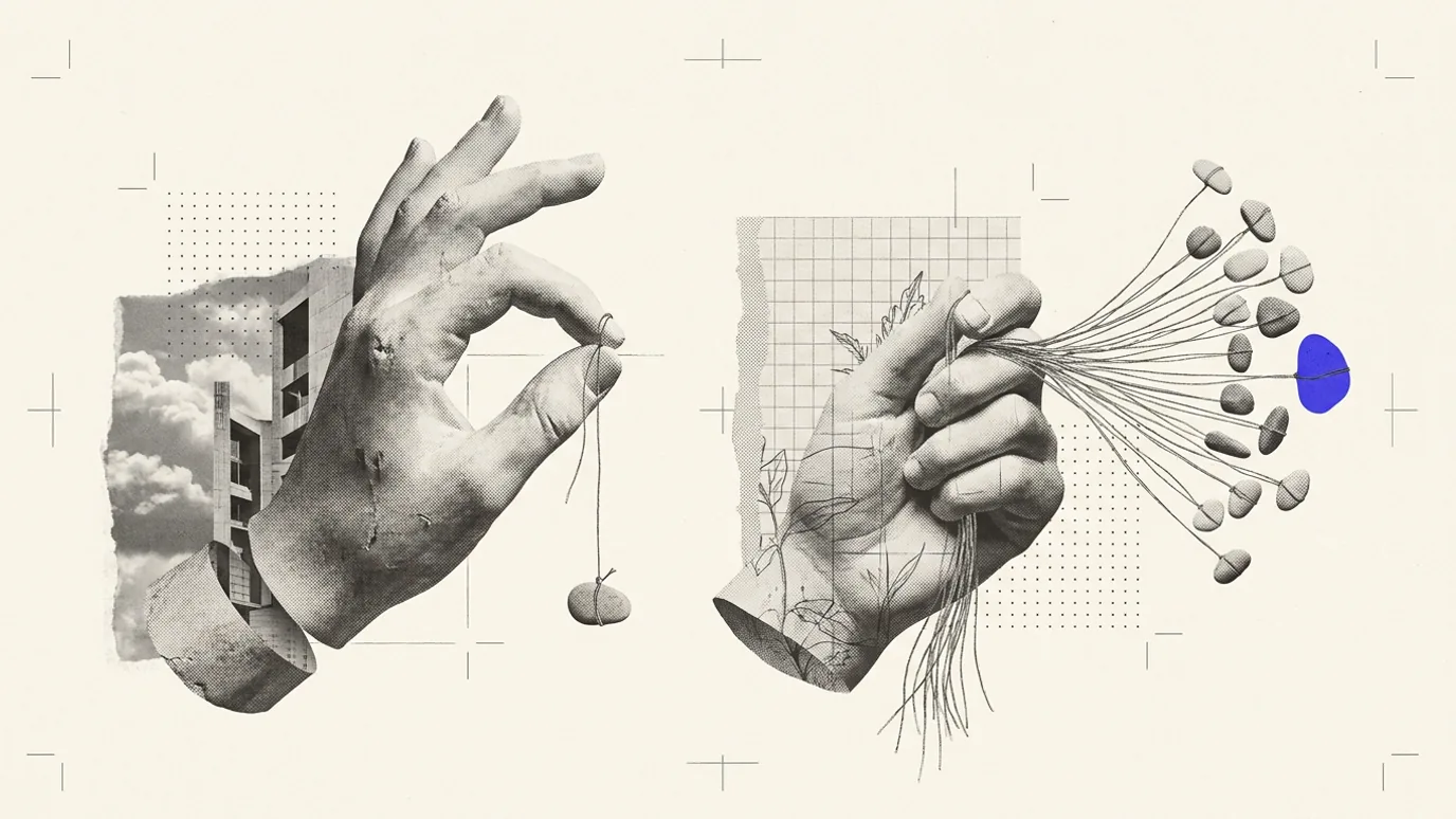 Two plaster hands. The left holds one thread with a single pebble, and the right holds a bundle of threads fanning out to many pebbles, one of them blue-violet.