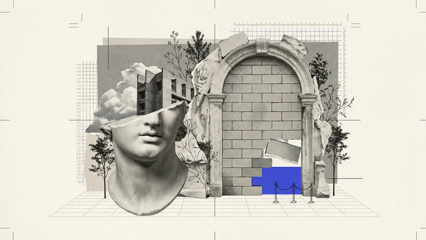 A bricked-up classical archway with one patch of bricks replaced by a solid blue block, a small rope barrier standing in front of it, and a sliced plaster head with buildings and clouds inside beside the arch