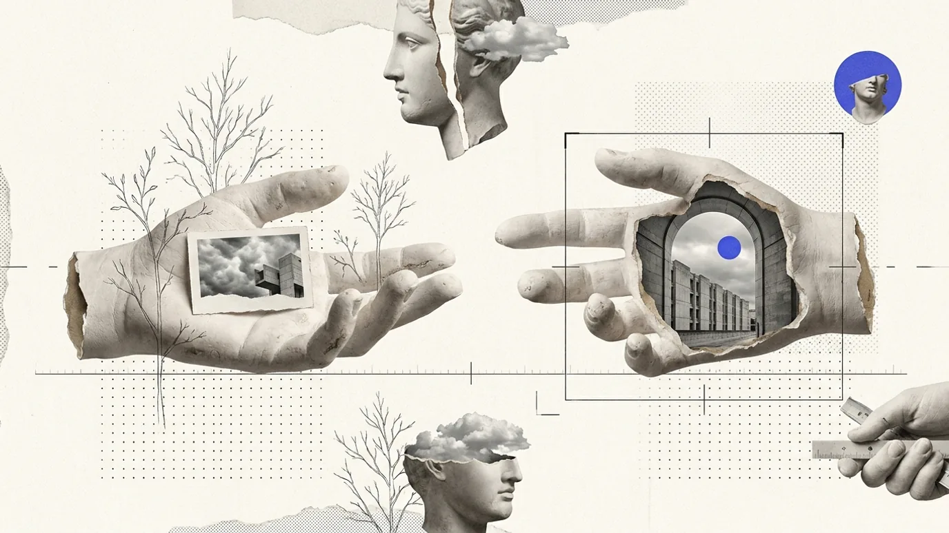 Two cropped plaster hands facing each other over a thin brand-blue rule, the left hand open and reading a small card, the right hand held back behind a hairline gate, a dotted matrix between them