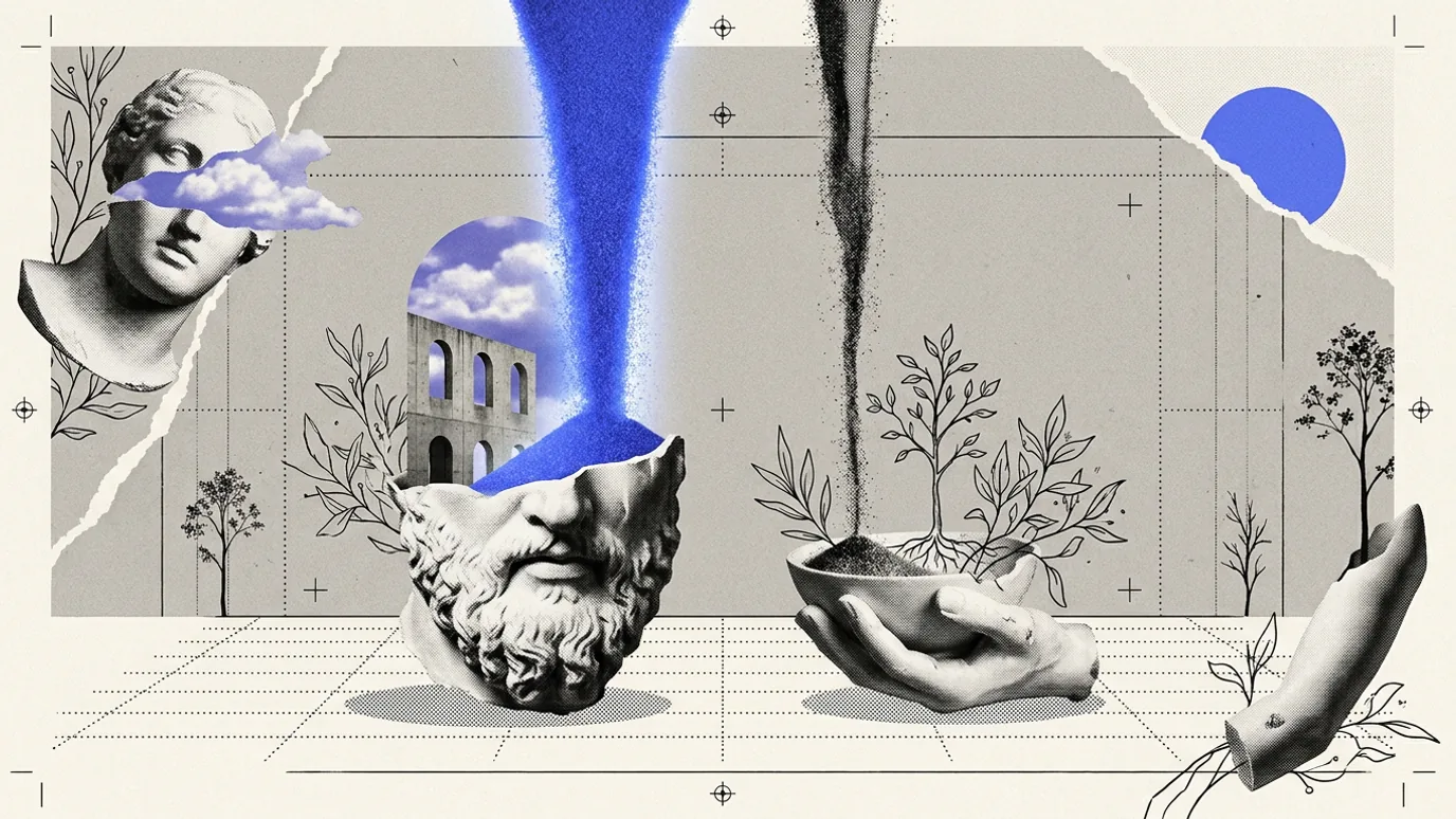 Two parallel channels of falling sand, the left one wide and lit brand blue, the right narrowed to a thread, both feeding plaster vessels of unequal fill on a dotted grid