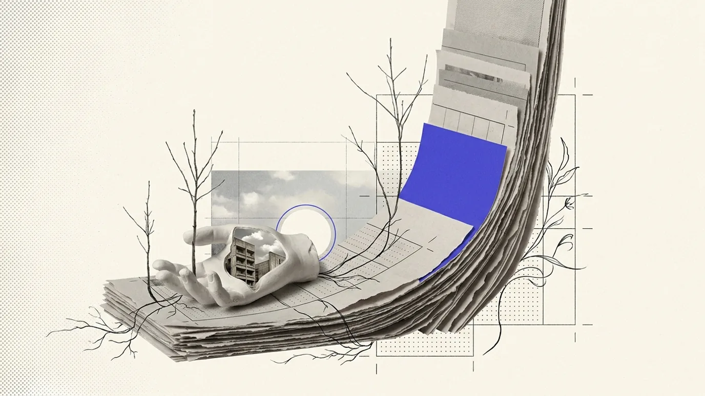 A steeply rising stack of thin paper sheets forming a curve that climbs off the top of the frame, a small plaster hand resting near the low flat end, hairline coordinate marks behind and one brand-blue sheet at the point the curve turns upward