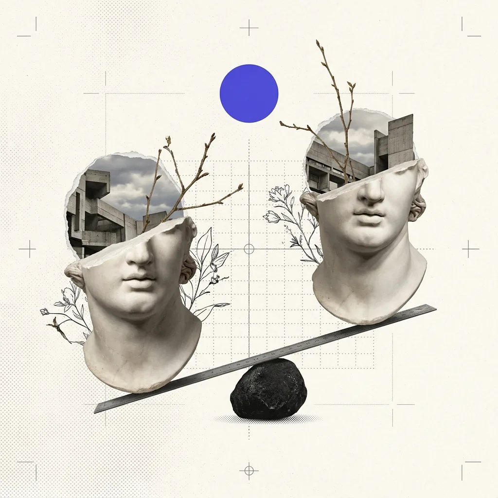 Two nearly identical plaster busts on a balance beam that is tipping decisively to one side, the fulcrum resting on a single small pebble, hairline measurement rules running behind them and one brand-blue disk above