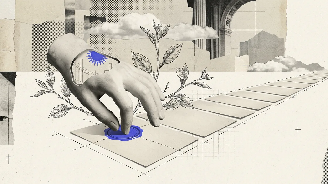 A plaster hand pressing a small brand-blue seal onto the first of a long row of blank paper cards receding into the distance, fine registration marks along the row
