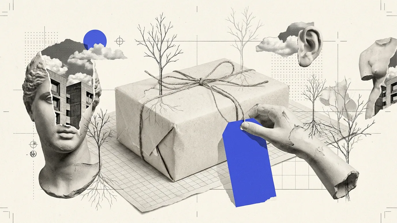 A parcel wrapped in pale paper and tied with string, with a plaster hand tying a blank solid blue luggage tag onto it, a sliced plaster head with buildings inside at the left and bare young trees around