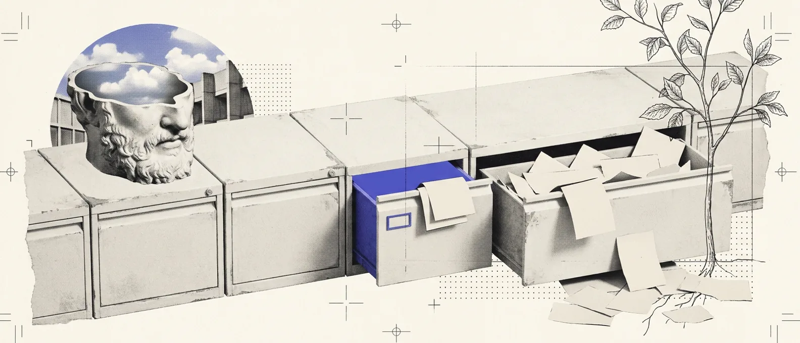 A long row of plaster filing cabinets with one small drawer open and blue inside, a larger drawer beside it overflowing with blank paper slips that spill onto the floor, a hollowed plaster head with clouds inside resting on top, and a young tree at the right