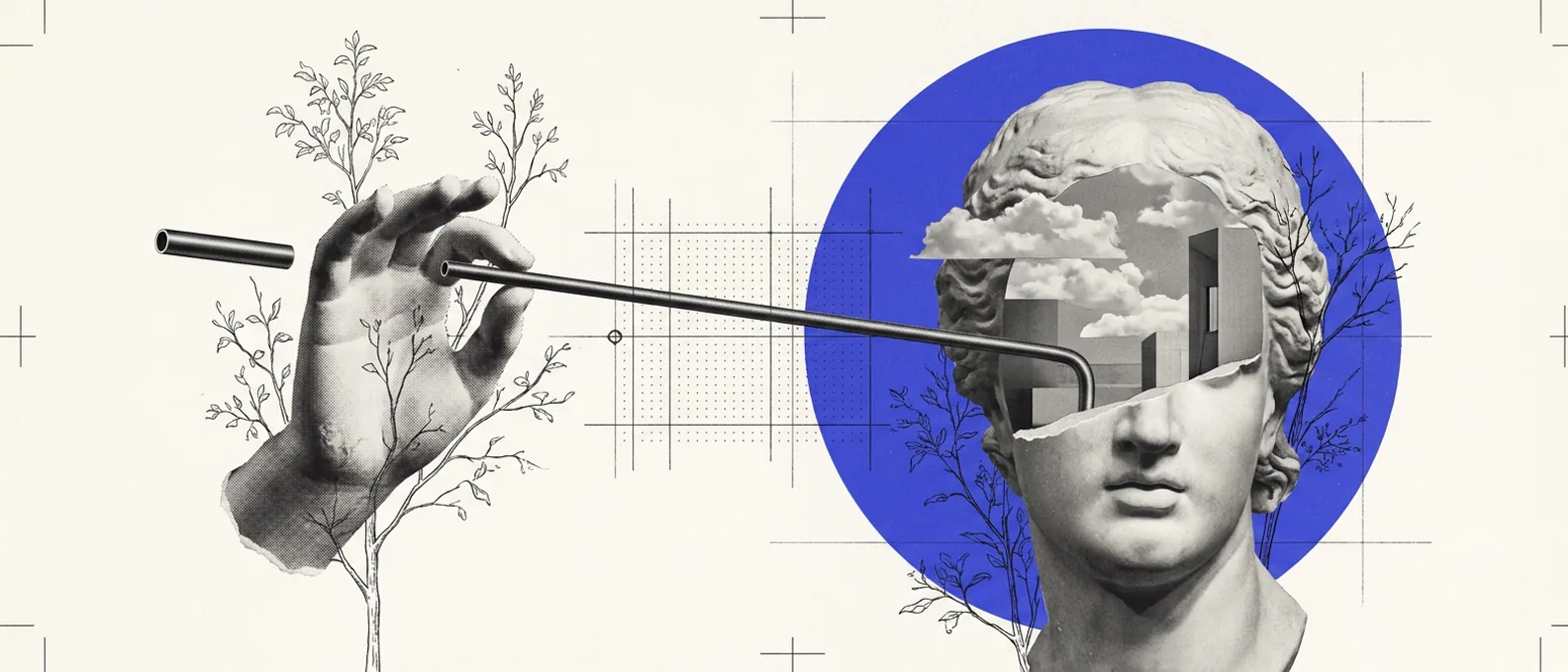 A cropped plaster hand holding one long thin tube that runs across a dotted measurement grid into the cut-open face of a classical head filled with clouds and buildings, a solid brand-blue disk behind it