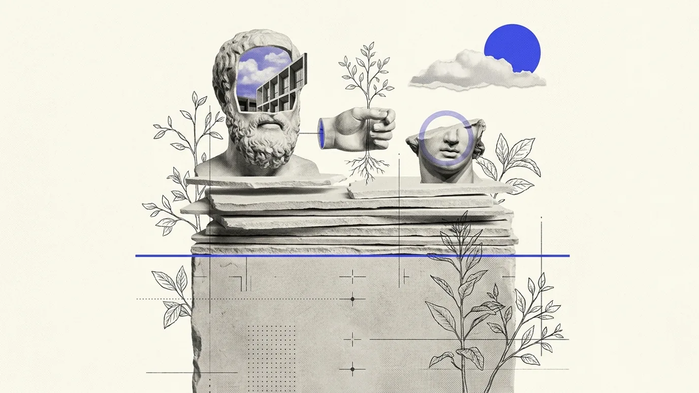 A tall stack of thin plaster tablets, crisp and individually separated at the top, fusing into one solid undifferentiated block below a horizontal brand-blue rule, with plaster busts above