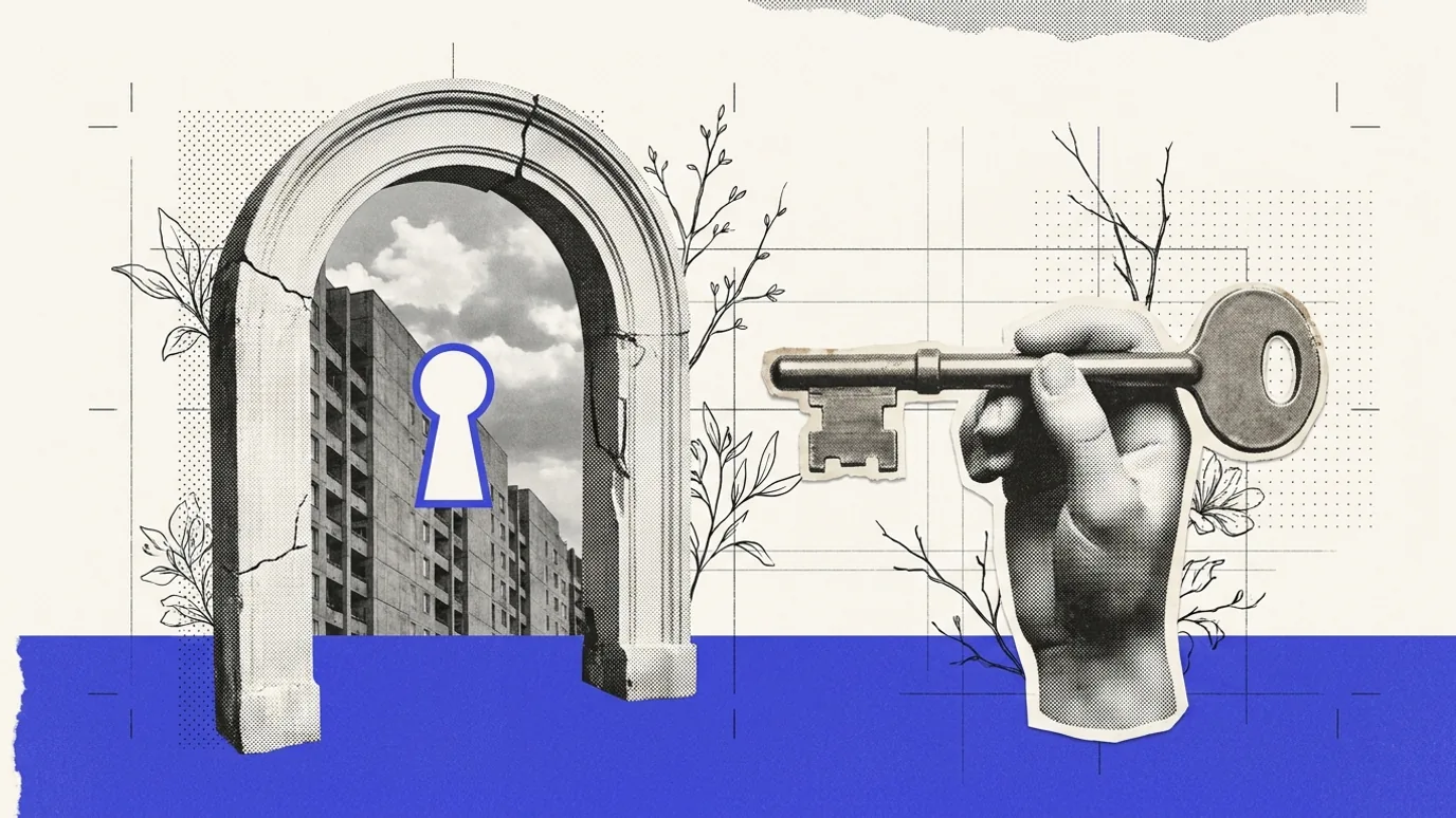 A cracked plaster archway framing a grey monochrome apartment block and clouds, with a small keyhole outlined in brand blue, beside a plaster hand gripping a key far larger than the keyhole, over a solid brand-blue floor