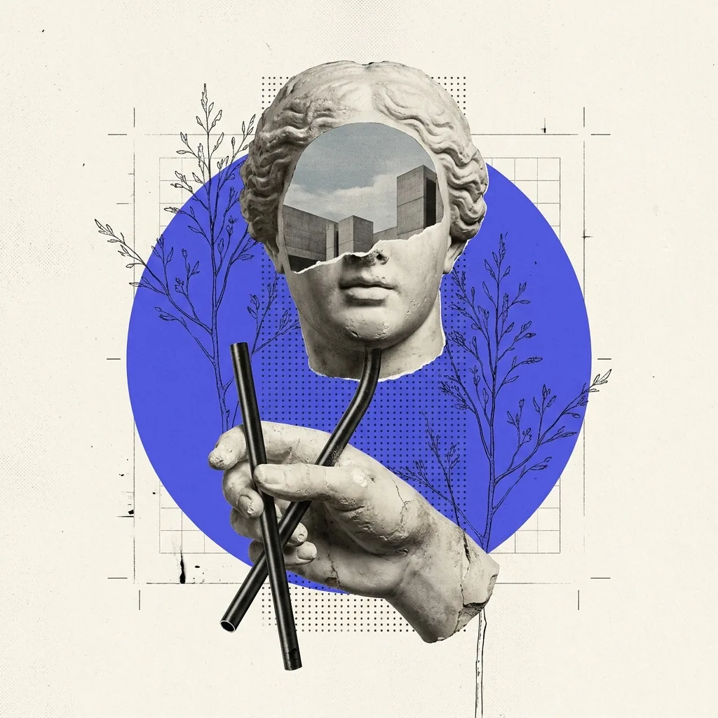 A cropped plaster hand holding one long thin tube that runs across a dotted measurement grid into the cut-open face of a classical head filled with clouds and buildings, a solid brand-blue disk behind it