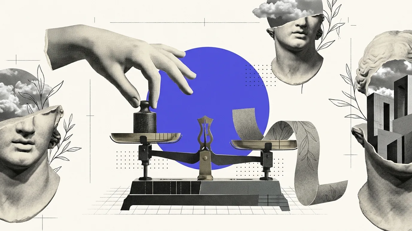 A plaster hand lowering a small dark weight onto one pan of a brass balance scale while the opposite pan holds a loose curl of paper, a solid brand-blue disk behind the scale and cropped classical heads at the edges