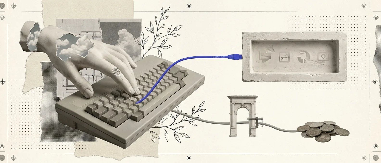 A plaster hand at a terminal keyboard, one thin brand-blue cable running straight to a boxed panel marked Google Ads, a small plaster gate clamped on a second cable before it reaches a stack of coins, hairline coordinate rules framing the scene