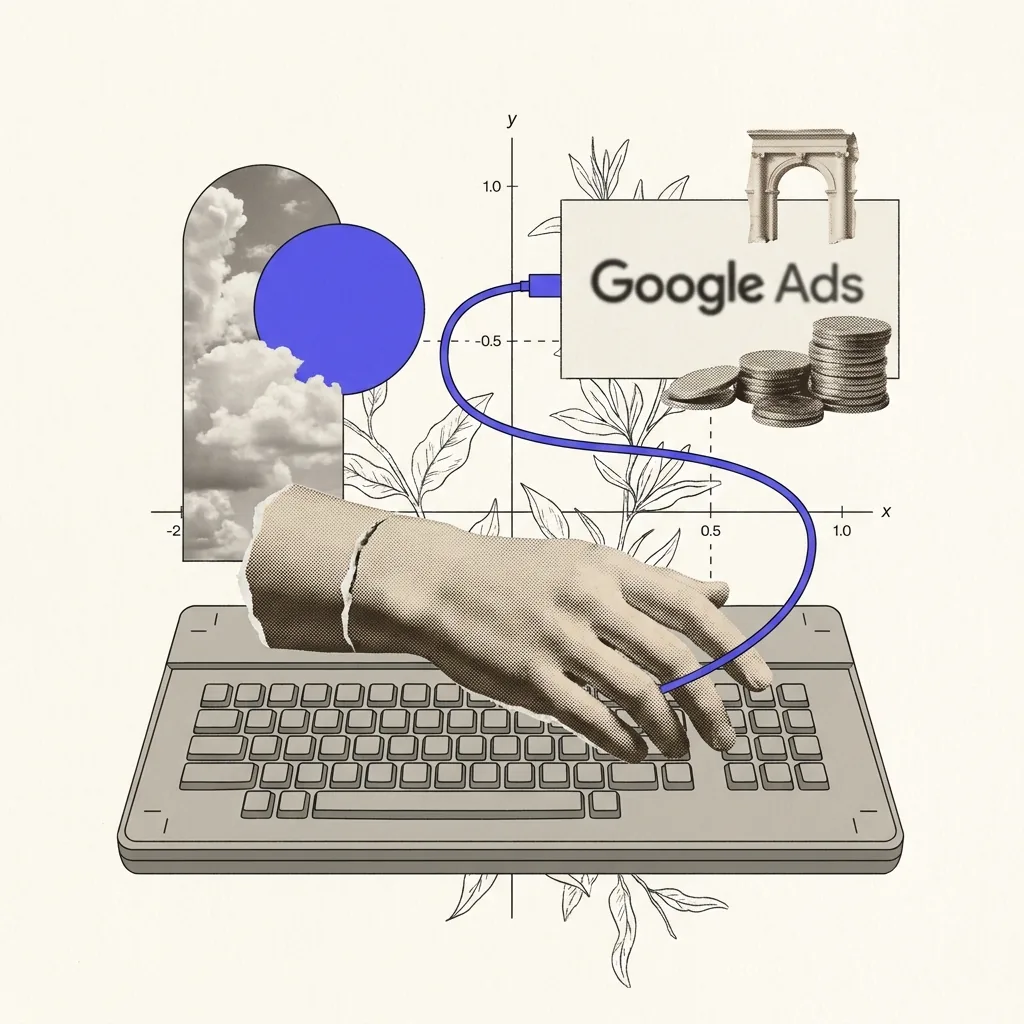 A plaster hand at a terminal keyboard, one thin brand-blue cable running straight to a boxed panel marked Google Ads, a small plaster gate clamped on a second cable before it reaches a stack of coins, hairline coordinate rules framing the scene